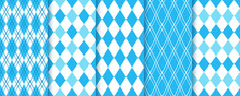 Argyle Seamless Pattern. Lozenge Blue Diamond Backgrounds. Vector Illustration. Set Rhombus Plaid Prints. Bavarian Oktoberfest Textures. Modern Geometric Backdrops.