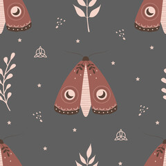 Wall Mural - Seamless pattern with boho moth. Insect with celestial elements. Witch and magic symbol for textile, fabric, prints. Abstract hand drawn vector illustration in bohemian style.