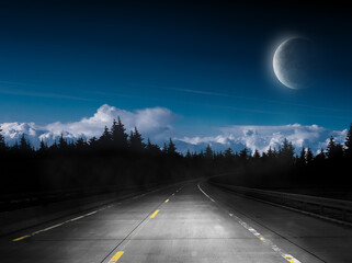 Wall Mural - dark night road through forest and sky with moon