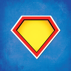 Superhero blank symbol background. Yellow and red comic hero icon on textured blue background. 
