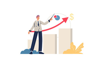 Poster - Sales performance web concept. Male marketer shows profit growth, successful business development, analyzes financial statistics, minimal people scene. Vector illustration in flat design for website