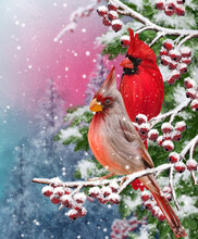 Winter Christmas Background, Two Bird Cardinal Sit On A Snow-covered Branch, Snowfall, Bunches Of Berries, Evening Lighting