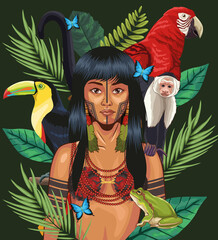 indigenous woman with jungle animals
