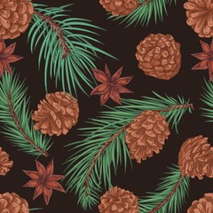 Aufkleber - Seamless winter pattern with fir and spruce tree branches, cones and anises on black background. Repeatable coniferous texture in vintage style. Colored hand-drawn vector illustration for printing