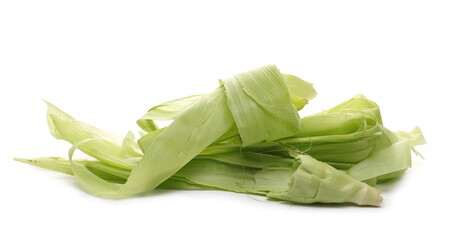 Wall Mural - Green corn cob husks, maize leaves isolated on white background