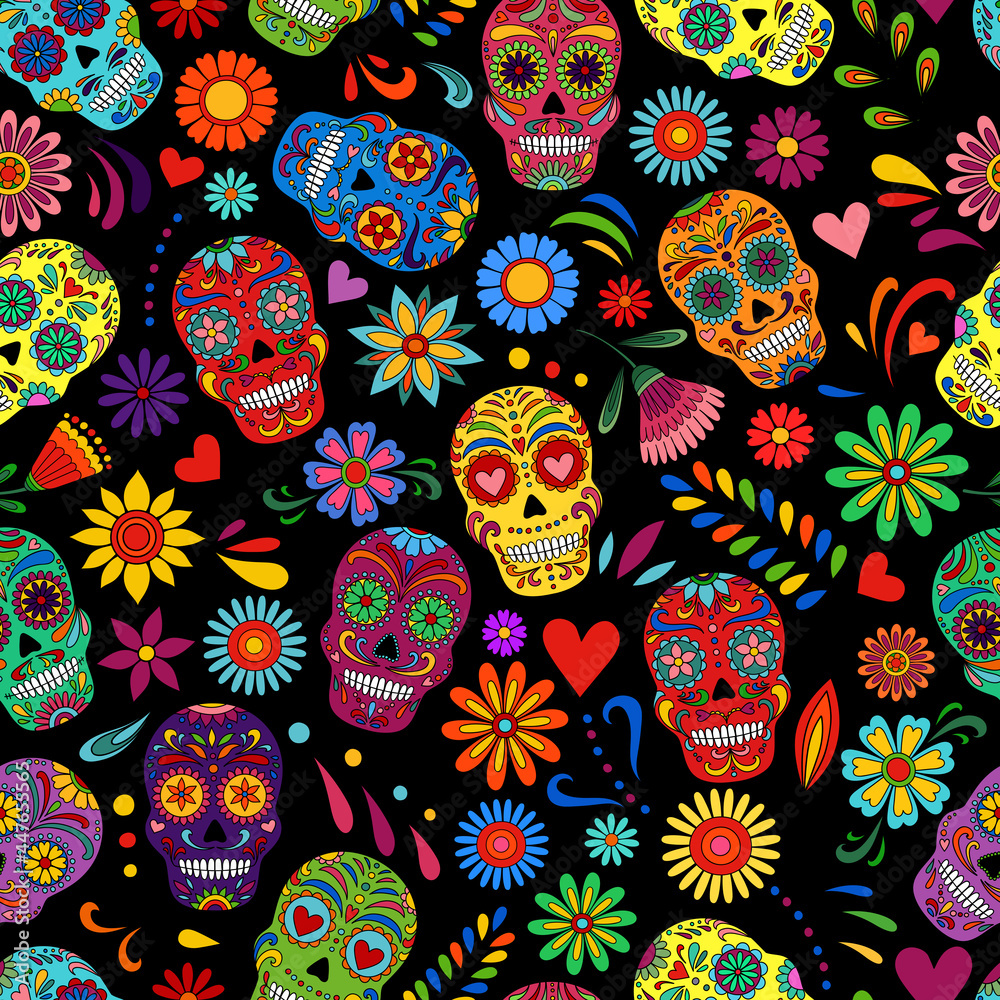 Day of the dead sugar skull pattern. Dia de los muertos print. Day of ...
