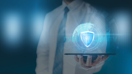 Data or network protection, businessman press shield icon, web button, virus cyber security. Insurance Digital crime by hacker concepts. Information security against viruses, System binary Matrix.