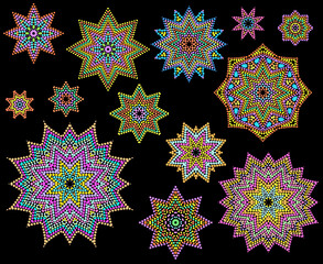 Wall Mural - Dotted stars. Bright bohemian ethnic cliche with beads . Vector set of various ornaments, deco template. Fashion trendy print for needlework, beading, gift, design, for women's clothing.