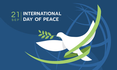 International day of peace - The white peace dove flying with green ribbon roll around on blue line globle texture background vector Design