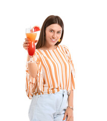 Wall Mural - Beautiful young woman with cocktail on white background