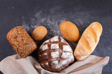 Different kinds of fresh rustic homemade crisp bread.