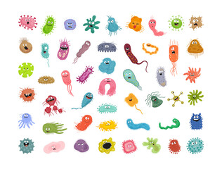 Collection of colorful bacteria and viruses with different emotions. Funny cartoon microbes.