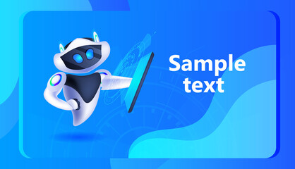 Poster - cute robot cyborg using tablet pc modern robotic character holding digital gadget artificial intelligence technology