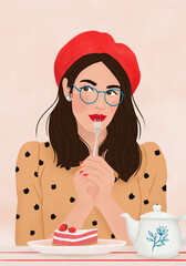 Wall Mural - Young happy woman with glasses eating a strawberry cake in a French cafe