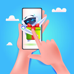Poster - modern robot with wrapped gift box on smartphone screen birthday or holiday celebration artificial i