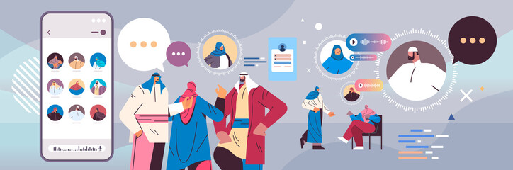 Poster - arab people communicating by voice messages audio chat application social media online communication