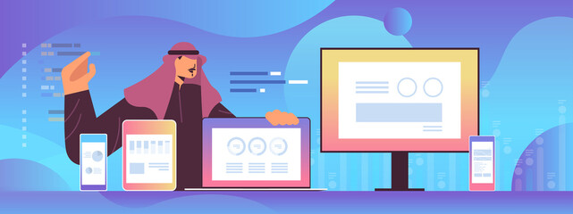 Poster - arab businessman analyzing financial statistics charts and graphs on digital gadgets data analysis