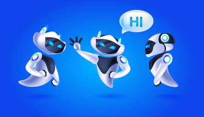 Poster - cute robots discussing during meeting chat bubble communication artificial intelligence technology concept