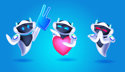 Poster - cute robots with social media icons modern robotic characters online communication artificial intelligence