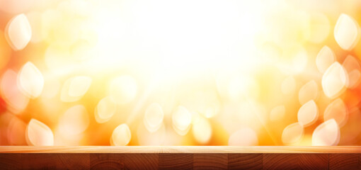 Wall Mural - an autumn sunset wood tabletop product display with a golden autumn sunset sky background for season