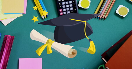 Graduation hat and diploma icon against various school items