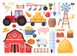 Farmers set. Vector icon set of farm rural buildings with animals, vegetables, farmhouse, tractor, windmill, fence, livestock, bale of hay. Local product. Agriculture and farming concept. Village life
