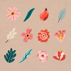 Wall Mural - Pink flowers and leaves element set on a brown background vector