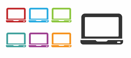 Poster - Black Laptop icon isolated on white background. Computer notebook with empty screen sign. Set icons colorful. Vector