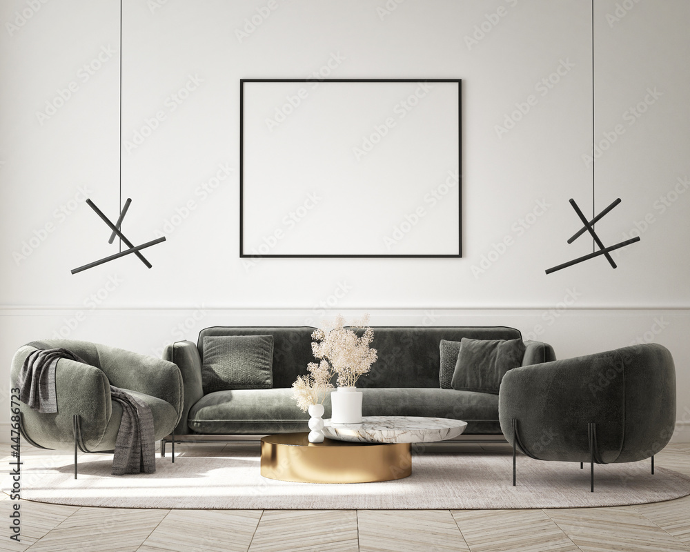 mock up poster frame in modern interior background, living room, minimalistic style, 3D render, 3D illustration - obrazy, fototapety, plakaty 