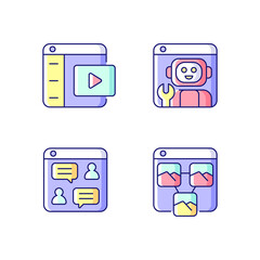 Sticker - Digitization in business RGB color icons set. Video platforms. Building robotic applications. Online discussions. Photo sharing. Isolated vector illustrations. Simple filled line drawings collection