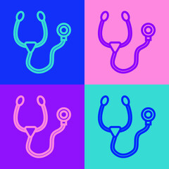 Sticker - Pop art line Stethoscope medical instrument icon isolated on color background. Vector