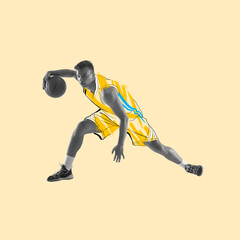 Zine collage. Young man, basketball player in drawn sports uniform isolated on light background. Illustration, painting. Concept of sport, game, action and modern art