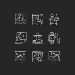 Poster - online fitness classes chalk white icons set on dark background. partner yoga tutorials. virtual coa