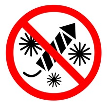 Fireworks And Firecrackers Are Prohibited. Pyrotechnics Prohibition Sign. Ban On Fireworks. Design In Red And Black. Flat Image Isolated On White Background. 