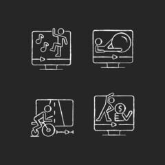 Poster - online fitness athletic trainings chalk white icons set on dark background. virtual core ball, dance