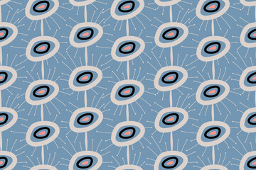 Wall Mural - Geometric seamless pattern of Mid-Century Modern style design. Vector illustration in a simple style. A pattern with abstractions and stripes in a retro vintage style.