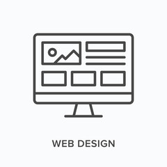 Web design flat line icon. Vector outline illustration of monitor and ui. Black thin linear pictogram for software interface