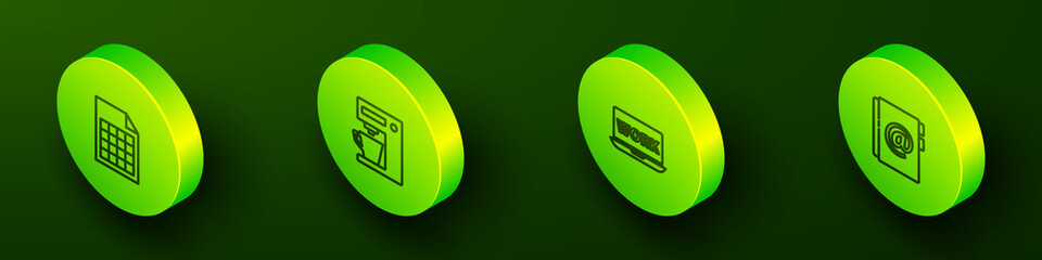 Poster - Set Isometric line File document, Coffee machine, Laptop with text work and Address book icon. Vector