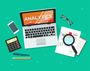 Poster - irs audit tax research report with analytics data online on laptop computer screen vector flat carto