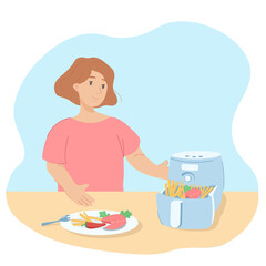 Woman cooks food with air fryer. Air fryer is an appliances for making healthy food without oil. Illustration of cooking device with french fries, fish, vegetables.