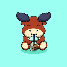 Cute Moose Drink Boba Bubble Tea Cup Cartoon Vector Icon Illustration. Animal Food And Drink Icon Concept Isolated Premium Vector. Flat Cartoon Style