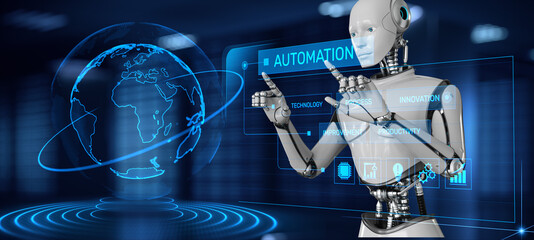 Robotic business process workflow Automation RPA. Robot pressing button on screen 3d render.