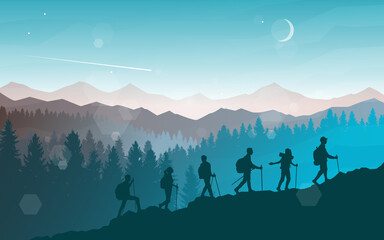 Wall Mural - Teamwork. Climbers climb up the mountain. Hiking. Adventure. Travel concept of discovering, exploring and observing nature. Polygonal minimalist graphic flat design illustration.