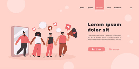 Referral marketing strategy. Man attracting people with megaphone, friend loyalty program flat vector illustration. Teamwork, attracting audience concept for banner, website design or landing web page