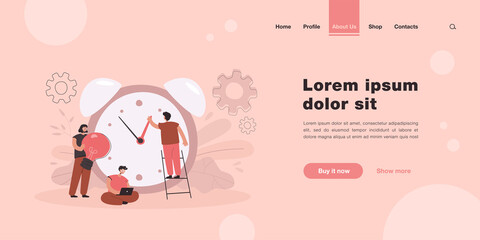 Aufkleber - Tiny people working with alarm clock isolated flat vector illustration. Cartoon businesspeople working in team with chronometer. Time management, countdown and business concept