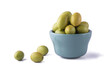 ceylon olives or wild olives, smooth oval shaped tropical fruit in a cup isolated on white background