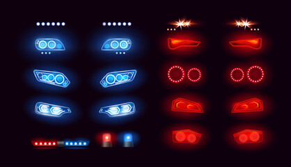 Car headlights bar, led automobile light vector illustration set. Realistic auto lights front view collection with glowing effect in night, bright red blue lamps on vehicle bumper, black background