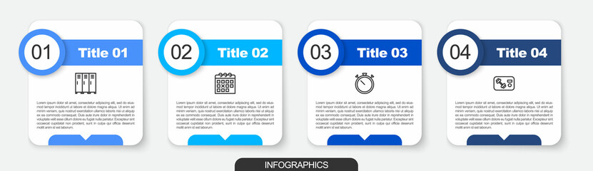 Poster - Set line Locker or changing room, Calendar fitness, Stopwatch and Fitness club, gym card. Business infographic template. Vector