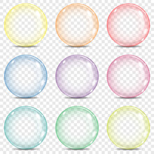 Nine Big Transparent Glass Sphere, Bubble With A Rainbow Colors, Yellow, Orange, Red, Red-violet, Violet, Blue, Blue-green, Green, Yellow-green, Glares And Shadow, On A Plaid Background.