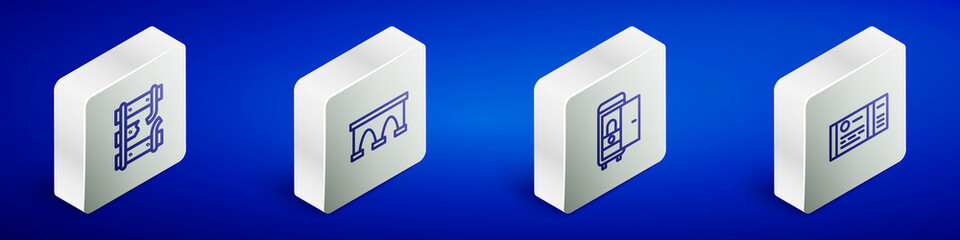 Sticker - Set Isometric line Broken rails on a railway, Bridge for train, Toilet the car and Train ticket icon. Vector